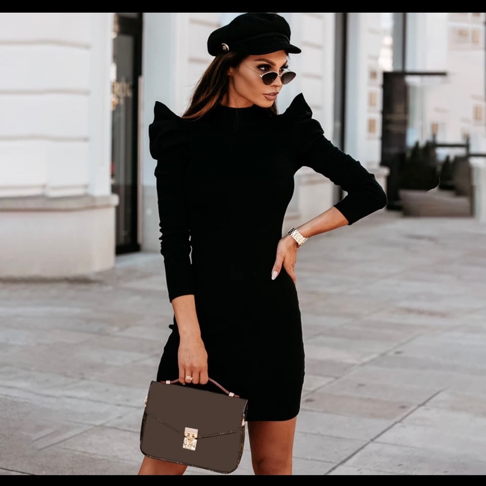 Black puff sleeved mini dress
